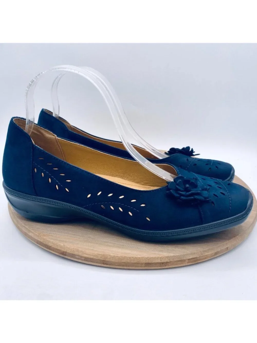 Hotter Shoes Womens 9.5 Blue Leather Slip On Comfort Perforated Flats Flower